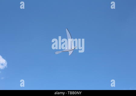 Einen Drachen in Form einer einzigen großen weißen Vogel. Einen Drachen in den Himmel zwischen den Wolken. Großer weißer Vogel in den Himmel. Stockfoto
