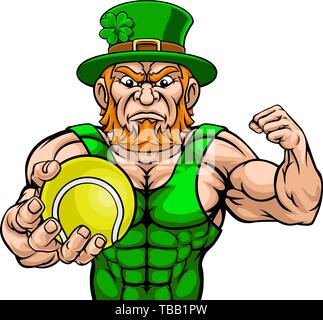 Leprechaun Holding Tennis Ball Sport Maskottchen Stock Vektor