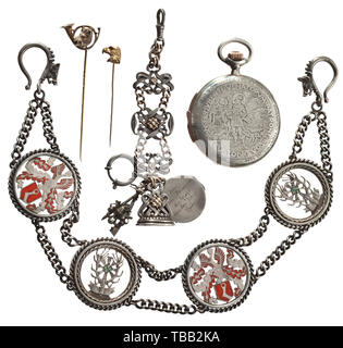 Hermann Göring - eine Präsentation Taschenuhr von Carin Göring, 1924 Silber Armbanduhr mit Hunter Fall aus der Werkstatt von Gustav Schulze, Gericht Uhrmacher in München. Hochwertige, Bewegung montiert mit Rubinen, mit Stunde Repeater. Auf der Vorderseite eine fein gravierte Darstellung von St. George, einer der St. Hubert auf der Rückseite, die jeweils durch eine Inschrift in Latein, die Präsentation Inschrift rund um die St. Hubertus Szene sagen umgeben: "Zu meinem geliebten Hermann, Waidmannsheil (Hunter's Gruß) immer von seinem carin, Innsbruck, 12. Januar 1924". Markierung von Feinheit für Silber. Durchmesser 60 mm. Th, Editorial-Use - Nur Stockfoto