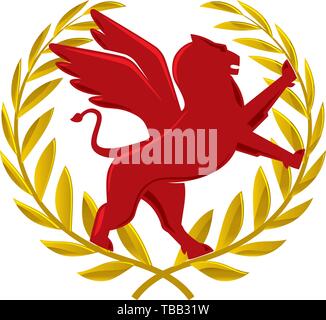 Vector Illustration. Heraldische Kranz. Zügellos Griffin über goldenen Lorbeerkranz. Stock Vektor