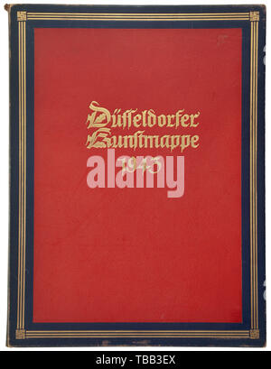 Friedrich-Karl Florian - eine persönliche Kopie der Düsseldorfer Ordner 1943 Deluxe Version in Rot und Blau Leder mit Goldprägung auf der Vorderseite lesen Düsseldorfer Kunstmappe 1943' und Hakenkreuze in den Ecken. Mit 20 Drucke von den Düsseldorfer Künstler. Als Deckblatt ein Blatt Pergament, entworfen von Jan Koersen mit Hingabe und die Unterschriften der vier Künstler (Junghanns, Pieper, Kocks, nyssen). Einzigartiges Stück in hoher Qualität, maßgeschneiderte für Florian. historischen, historische, 20. Jahrhundert, 1930er Jahre, NS, Nationalsozialismus, Nationalsozialismus, Drittes Reich, Deutsche Reich, Deutschland, Deutsche, Nationale, Editorial-Use - Nur Stockfoto