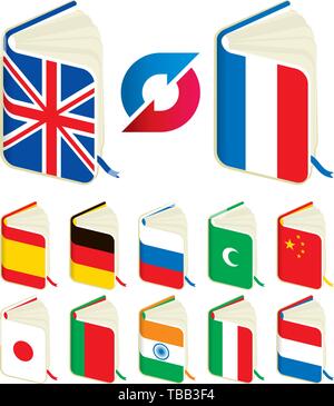 Vector Illustration. Translate buch Symbole. Zwölf Flags auf Open Books Stock Vektor