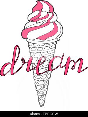 Vektor Hand gezeichnet Eis mit Pink Cream in Waffle Kegel auf weißem Hintergrund. Schwarz und Weiß. Sommer lineares Design mit Schriftzug. Süße Stock Vektor
