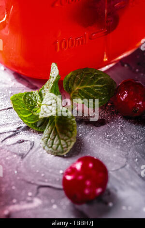 Iced hausgemachte Limonade mit Preiselbeeren, Zitrusfrüchte und frischer Minze Blatt in einem Cocktail Glas mit Strohhalm Stockfoto