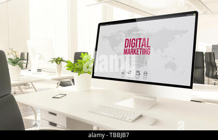 Digitales Marketing-mockup Computer im Loft Office 3D-Rendering Stockfoto