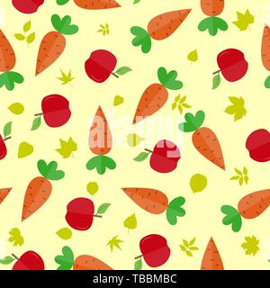 Nahtlose Muster mit Karotte Obst, Äpfel und Blätter. Ideal für Textilien, Verpackung, Papier drucken, einfache Hintergründe und Texturen. Stock Vektor