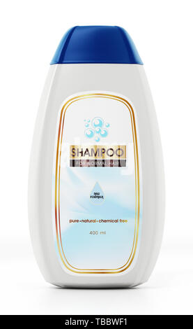 Generische Shampoo Flasche und Label Design auf weißem Hintergrund. 3D-Darstellung. Stockfoto
