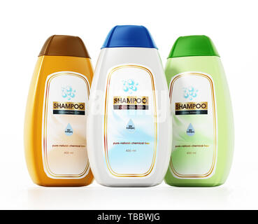 Generische Shampoo Flasche und Label Designs auf weißem Hintergrund. 3D-Darstellung. Stockfoto