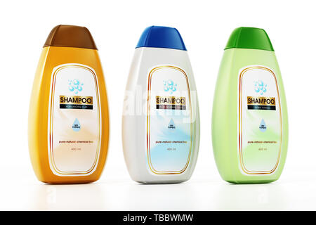 Generische Shampoo Flasche und Label Designs auf weißem Hintergrund. 3D-Darstellung. Stockfoto
