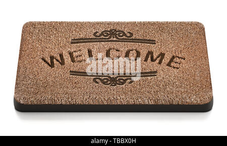 Fußmatte mit Willkommen Text auf weißem Hintergrund. 3D-Darstellung. Stockfoto