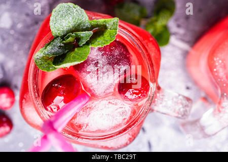 Iced hausgemachte Limonade mit Preiselbeeren, Zitrusfrüchte und frischer Minze Blatt in einem Cocktail Glas mit Strohhalm Stockfoto