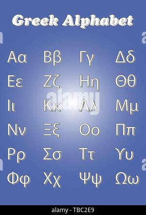 Griechische alphabet Vektor mit Groß- und Kleinbuchstaben auf blauem Hintergrund Bildung - Schule Konzept Stock Vektor