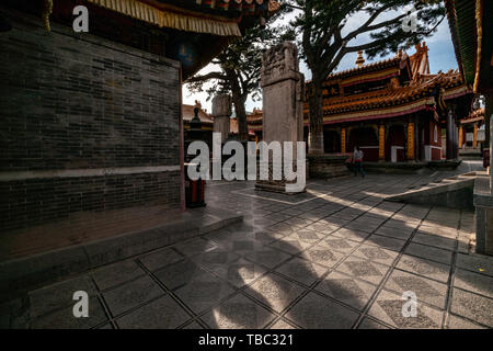 Die Oberseite des Bodhisattva ist auf den Geist Vulture Peak von taihuai Stadt, Berg Wutai, Provinz Shanxi. Der Tempel als Ganzes ist leuchtend und farbenfroh. Es ist ein Palast, der beim nachfolgenden Kaiser Wutai Berge angebetet. Es hat typische royal Merkmale. Es ist die größte Lama Kloster in Wutai Berg. Es ist auch eine nationale key Kloster des Buddhismus in der Han Nationalität Bereich vom Staatsrat bestimmt. Stockfoto