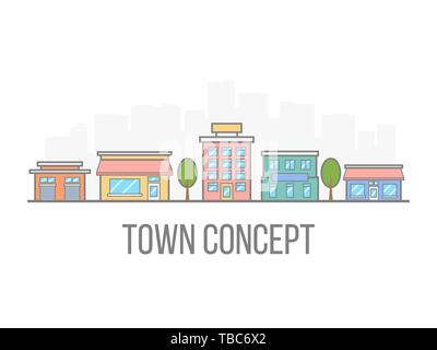 Kleine Stadt Konzept. Lineare Farbe stadtbild. Straße mit Hotel, Garage, Boutique und ein Café. Stadt im flachen Stil auf weißem Hintergrund. Vektor illu Stock Vektor