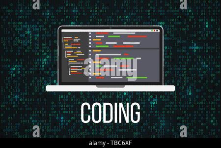 Codierung laptop Konzept der binären Hintergrund. Programmierung von Desktop- und Matrix Kulisse. Monitor mit Programmcode. Die mobile Entwicklung. Vektor illustratio Stock Vektor