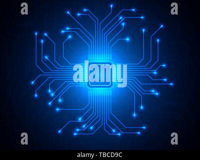 CPU-Chip auf blauem Hintergrund. Mikroprozessor mit hellen Verbindungen. Abstrakte Licht technologischen Hintergrund. Trendy Vector Illustration. Stock Vektor