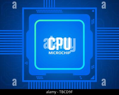 CPU-Chip auf der Platine. Blau Mikroprozessor und die Hauptplatine aus. Abstrakte technische Konzept. Prozessor und hellen Verbindungen auf dunklem Hintergrund. Mob Stock Vektor