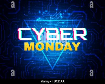 Cyber Monday Konzept. Werbebanner. Online Verkauf Design. Futuristischen stil Poster. Cyber Monday Zeichen auf blauem Hintergrund. Platine mit Brig Stock Vektor