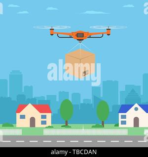 Lieferung Drone mit dem Paket. Stadt Hintergrund. Moderne Lieferung des Pakets. Vector Illustration. Stock Vektor