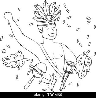 Mann mit federkopfschmuck Feiern mit maraca Trommel und Trompete Brasilien Karneval Vector Illustration graphic design Stock Vektor