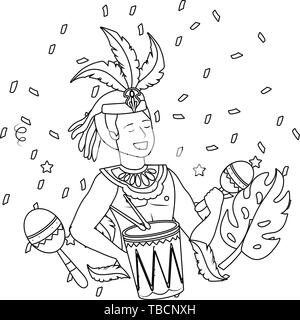 Mann mit federkopfschmuck Feiern mit maraca Trommel und Trompete Brasilien Karneval Vector Illustration graphic design Stock Vektor