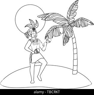 Mann mit Maracas feiern Karneval in Brasilien am Strand mit Palmen und Sonne Vektor-illustration bearbeitbar Stock Vektor