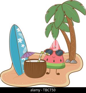 Sommer Wassermelone mit Sonnenbrille Kokosnuss und surftable Cartoons am Strand mit Palmen Landschaft Vector Illustration graphic design Stock Vektor