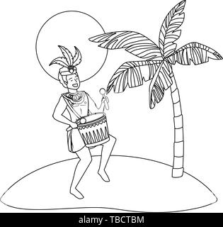 Mann mit Drum feiern Karneval in Brasilien am Strand mit Palmen und Sonne Vektor-illustration bearbeitbar Stock Vektor