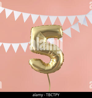 Happy 5th Birthday Party Feier Gold Ballon und Bunting. 3D-Rendering Stockfoto