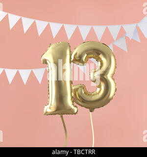Happy 13 Birthday Party Feier Gold Ballon und Bunting. 3D-Rendering Stockfoto
