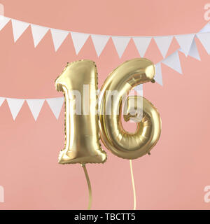 Happy 16 Birthday Party Feier Gold Ballon und Bunting. 3D-Rendering Stockfoto