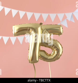 Happy 75th birthday Party Feier Gold Ballon und Bunting. 3D-Rendering Stockfoto