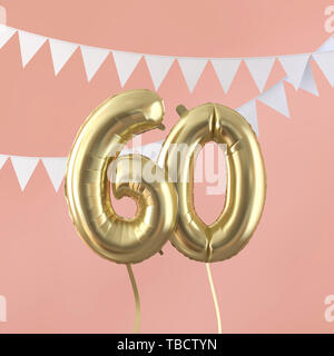 Happy 60th birthday Party Feier Gold Ballon und Bunting. 3D-Rendering Stockfoto