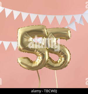 Happy 55th birthday Party Feier Gold Ballon und Bunting. 3D-Rendering Stockfoto