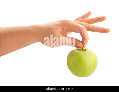 Grüner Apfel in der Hand weg isoliert Stockfoto