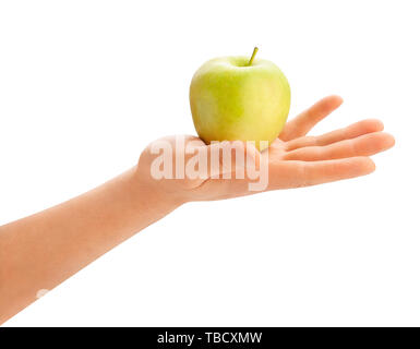 Grüner Apfel in der Hand weg isoliert Stockfoto