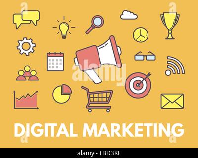 Digitales Marketing Konzept. Megafon mit Business Icons. Rot und weiss Lautsprecher mit den Elementen. Flache Vector Illustration auf gelben Hintergrund. Stock Vektor