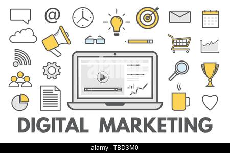 Digitales Marketing Konzept. On-line-Geschäft und Einkauf. Soziales Netzwerk. Werbung und Promotion. Moderne Icons Design. Vector Illustration. Stock Vektor