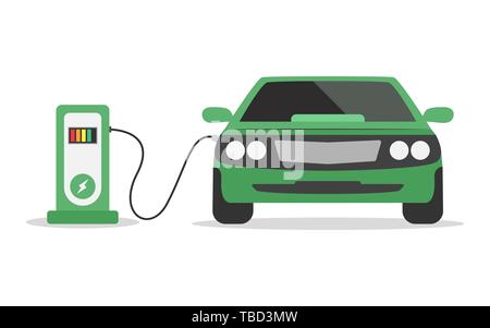 Elektroauto Konzept. Ladestation auf weißem Hintergrund. Grüne electromobile. Ökologische Verkehrspolitik. Für die Stromversorgung. Vector Illustration. Stock Vektor