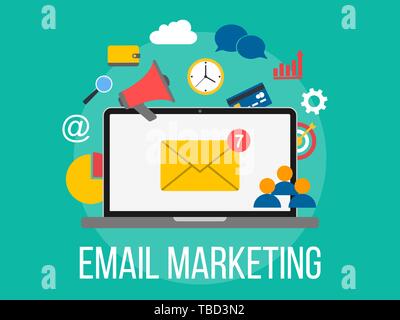 E-Mail Marketing Konzept. Laptop mit Umschlag auf dem Bildschirm. Flaches Design Illustration mit Business Elemente. Internet Marketing. Stock Vektor