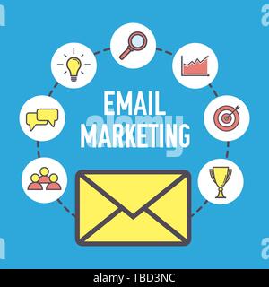E-Mail Marketing Design. Flache banner Konzept mit Symbolen. Digitales Marketing. Vector Illustration auf blauem Hintergrund. Stock Vektor