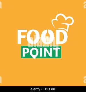 Essen logo Vorlage. Design Elemente mit Löffel und Gabel. Minimalistischer vektor Logo auf gelben Hintergrund. Stock Vektor