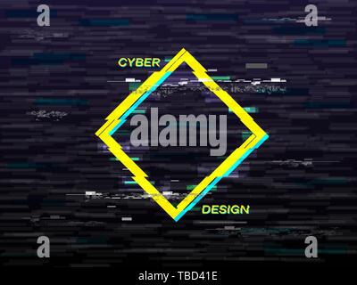 Glitch Konzept. Gelbe und blaue Raute. Retro VHS Hintergrund. Geometrische Form mit Verzerrung. Tv-Kulisse. Dynamische Linien. Vektor illu Stock Vektor