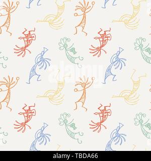 Hand Kokopelli nahtlose Muster gezeichnet. Stilisierte mythische Zeichen Flöten zu spielen. Vektorgrafiken für Drucke. Design, Karten, Kinder- und Malbücher, Stock Vektor