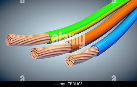 3-adriges Netzkabel oder Netzteil in den Grundfarben gelb, braun und gelb grün gestreift - 3D-Darstellung Stockfoto