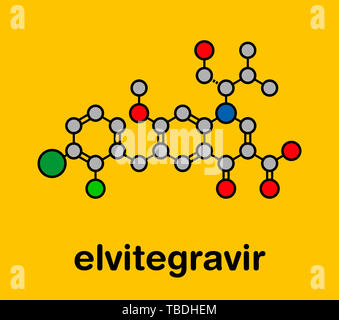 Elvitegravir HIV-Behandlung Droge (integrase Inhibitor) Molekül. Stilisierte Skelett Formel (die chemische Struktur). Atome sind als farbkodierte Kreise mit dicken schwarzen gezeigt Umrisse und Anleihen: Wasserstoff (versteckt), Kohlenstoff (grau), Stickstoff (blau), Sauerstoff (rot), Chlor (grün), Fluor (grün). Stockfoto