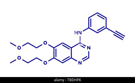 Erlotinib Krebsmedikament Molekül. Blau Skelett Formel auf weißem Hintergrund. Stockfoto