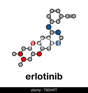 Erlotinib Krebsmedikament Molekül. Stilisierte Skelett Formel (die chemische Struktur). Atome sind als farbkodierte Kreise mit dicken schwarzen gezeigt Umrisse und Anleihen: Wasserstoff (versteckt), Kohlenstoff (grau), Stickstoff (blau), Sauerstoff (rot). Stockfoto