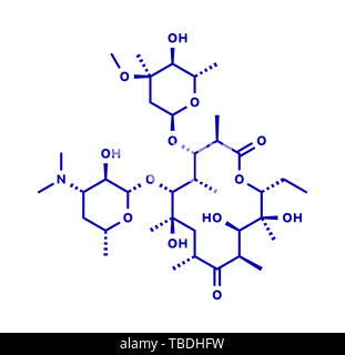 Erythromycin Antibiotikum Medikament Molekül (MAKROLIDE Klasse). Blau Skelett Formel auf weißem Hintergrund. Stockfoto