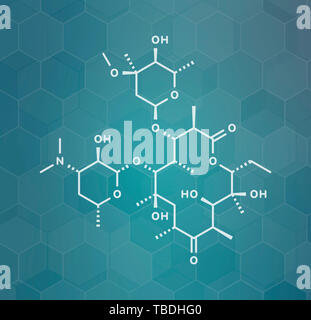 Erythromycin Antibiotikum Medikament Molekül (MAKROLIDE Klasse). Weiß Skelett Formel auf dunklen blaugrün Verlaufshintergrund mit hexagonalen Muster. Stockfoto